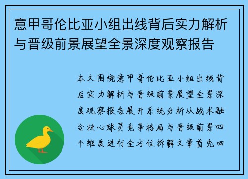 意甲哥伦比亚小组出线背后实力解析与晋级前景展望全景深度观察报告