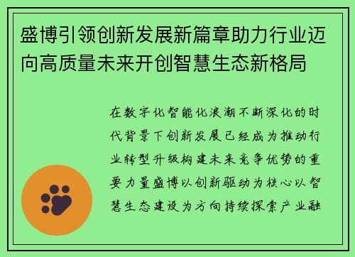 盛博引领创新发展新篇章助力行业迈向高质量未来开创智慧生态新格局